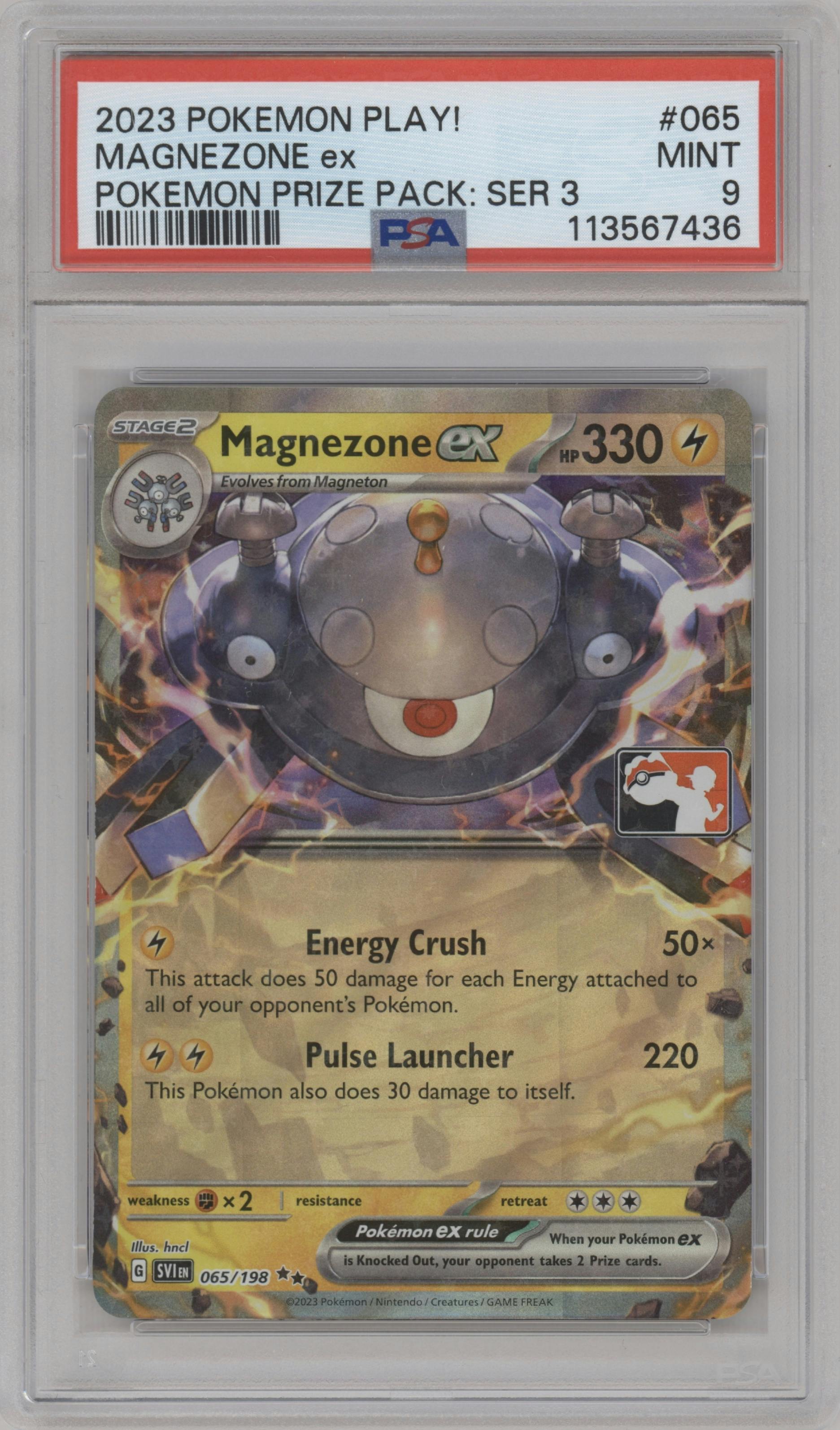 Magnezone ex from the 2023 Pokemon Play! set graded by PSA and given an overall grade of 9.