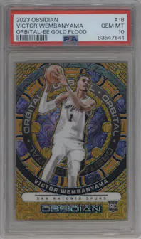 Victor Wembanyama from the 2023-24 Panini Obsidian set featuring a Electric Etch Gold Flood  parallel graded by PSA and given an overall grade of 10.
