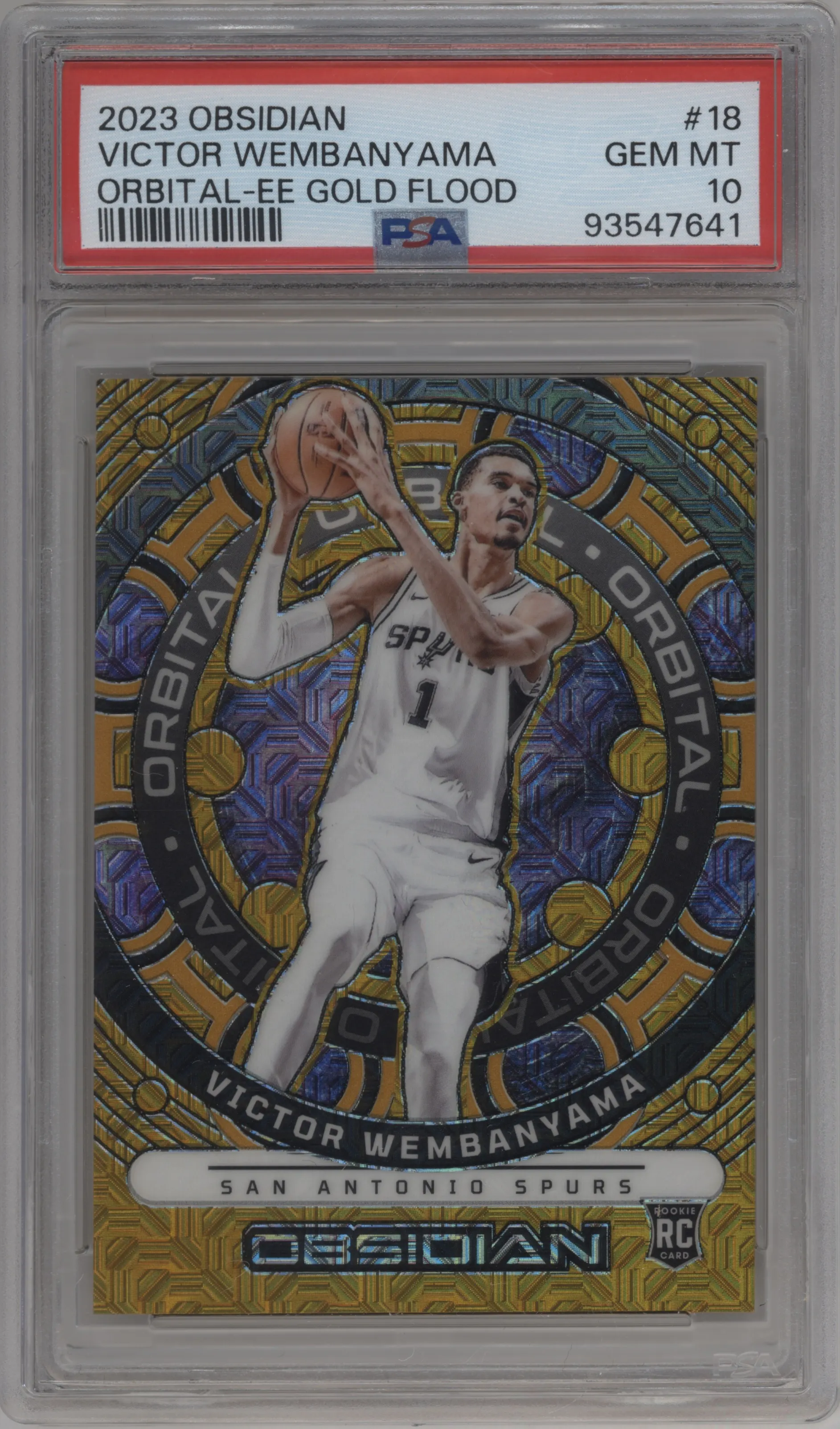Victor Wembanyama from the 2023-24 Panini Obsidian set featuring a Electric Etch Gold Flood  parallel graded by PSA and given an overall grade of 10.