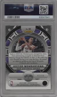 Victor Wembanyama from the 2023-24 Panini Obsidian set featuring a Electric Etch Gold Flood  parallel graded by PSA and given an overall grade of 10.