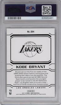 Kobe Bryant from the 2017-18 Panini NBA Hoops set featuring a Green parallel graded by PSA and given an overall grade of 10.