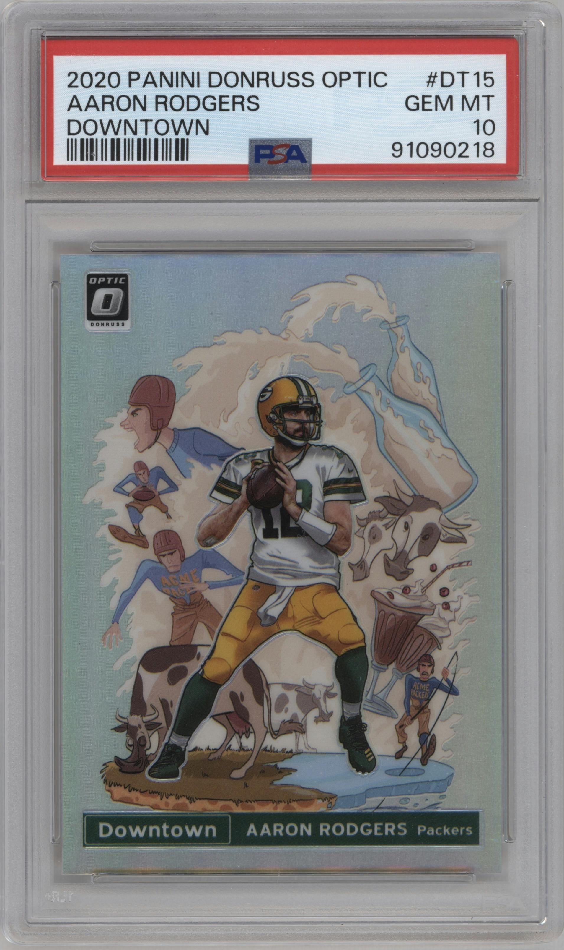Aaron Rodgers from the 2020 Panini Donruss Optic set graded by PSA and given an overall grade of 10.