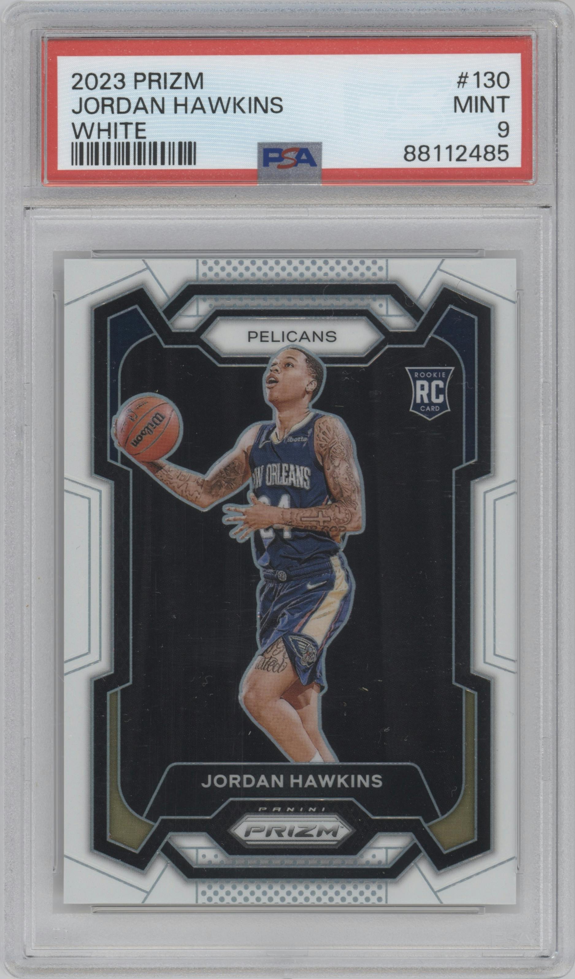 Jordan Hawkins from the 2023-24 Panini Prizm set featuring a White Prizm parallel graded by PSA and given an overall grade of 9.