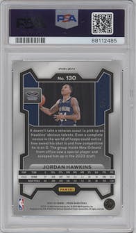 Jordan Hawkins from the 2023-24 Panini Prizm set featuring a White Prizm parallel graded by PSA and given an overall grade of 9.
