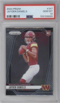 Jayden Daniels from the 2024 Panini Prizm set graded by PSA and given an overall grade of 10.