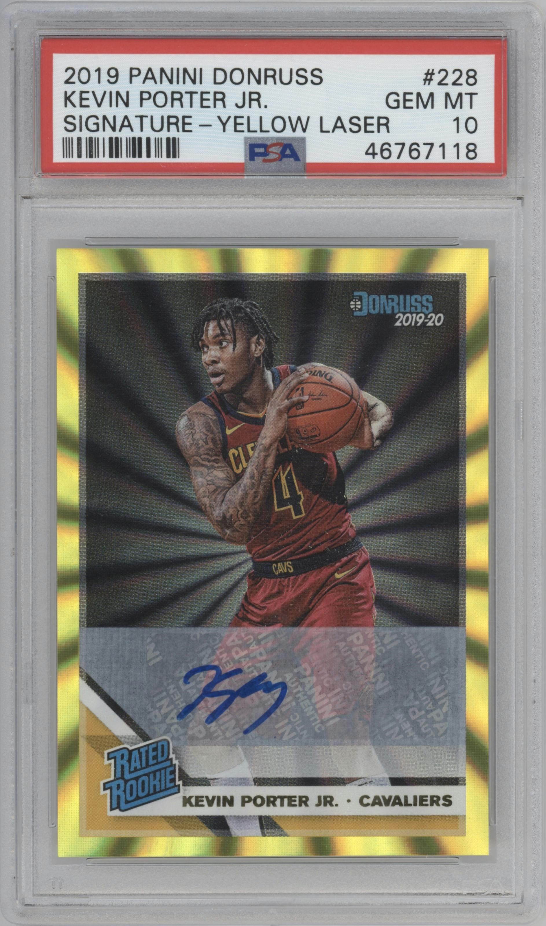 Kevin Porter Jr. from the 2019-20 Panini Donruss set featuring a Yellow Laser parallel graded by PSA and given an overall grade of 10.