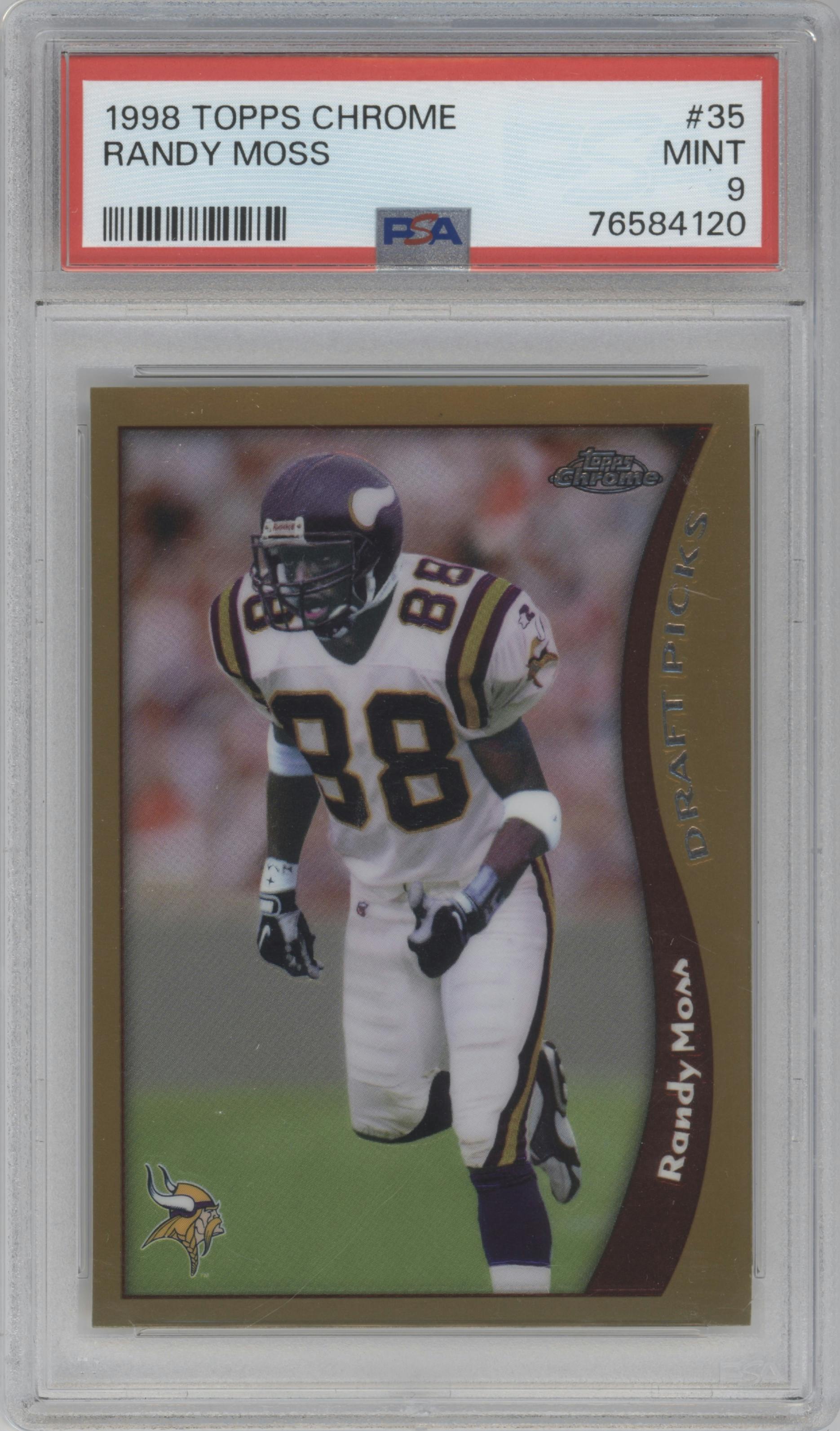 Randy Moss from the 1998 Topps Chrome set graded by PSA and given an overall grade of 9.