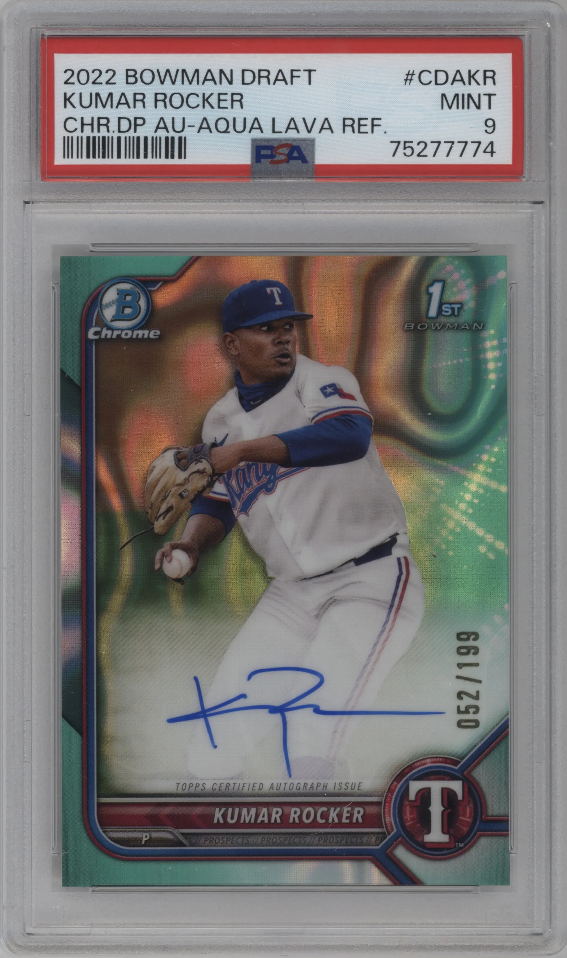 2022 Bowman Draft Chr.DP Auto Kumar Rocker Aqua Lava Refractor #CDA-KR PSA 9