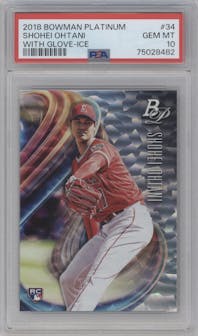 Shohei Ohtani from the 2018 Bowman Platinum set featuring a Ice parallel graded by PSA and given an overall grade of 10.