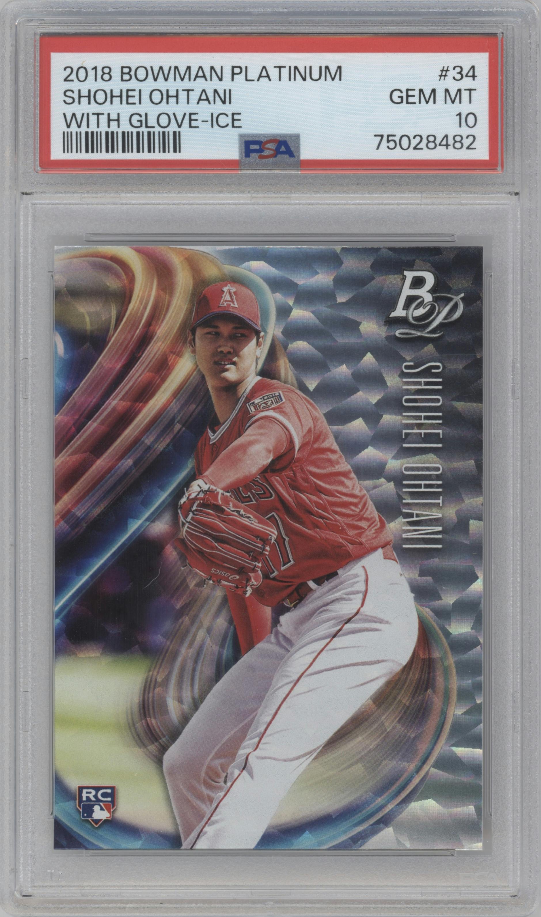 Shohei Ohtani from the 2018 Bowman Platinum set featuring a Ice parallel graded by PSA and given an overall grade of 10.