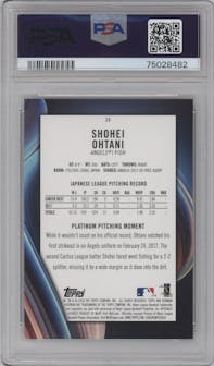 Shohei Ohtani from the 2018 Bowman Platinum set featuring a Ice parallel graded by PSA and given an overall grade of 10.