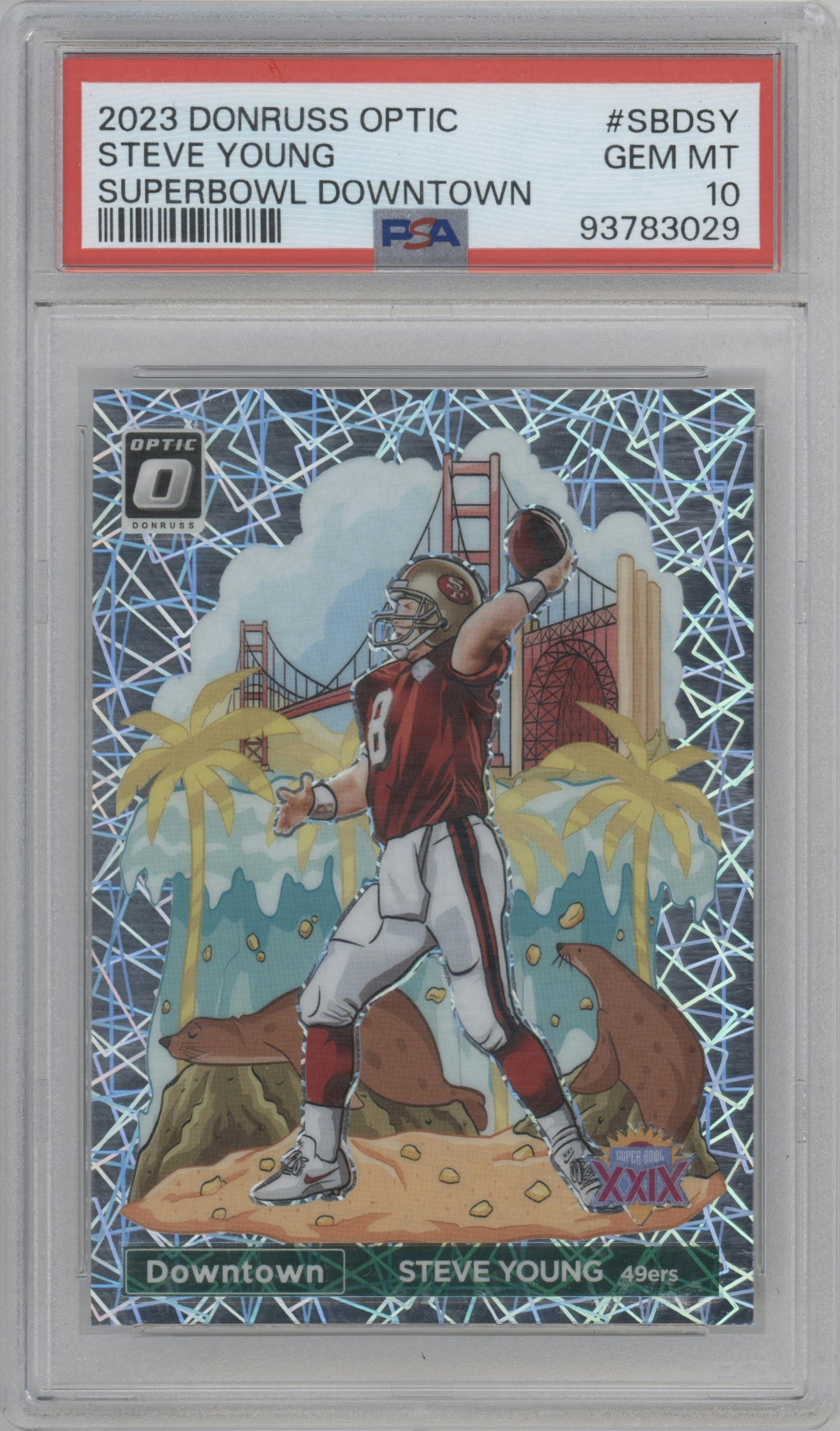 Steve Young from the 2023 Donruss Optic set graded by PSA and given an overall grade of 10.