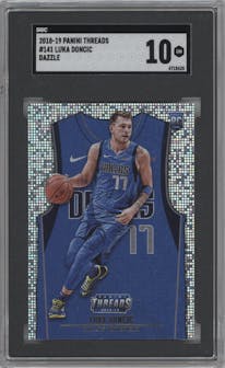 Luka Doncic from the 2018-19 Panini Threads  set featuring a Dazzle parallel graded by SGC and given an overall grade of 10.