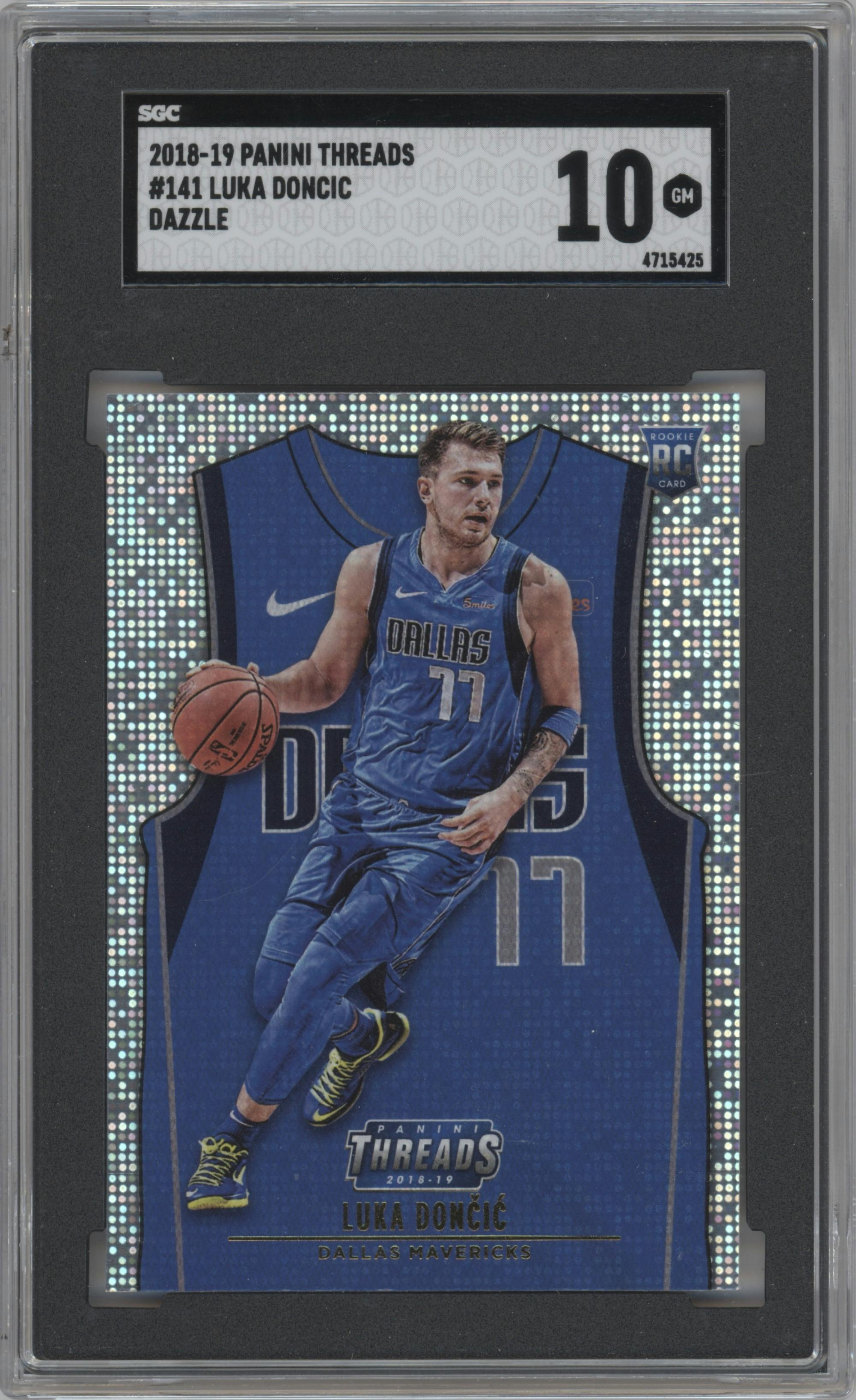 Luka Doncic from the 2018-19 Panini Threads  set featuring a Dazzle parallel graded by SGC and given an overall grade of 10.