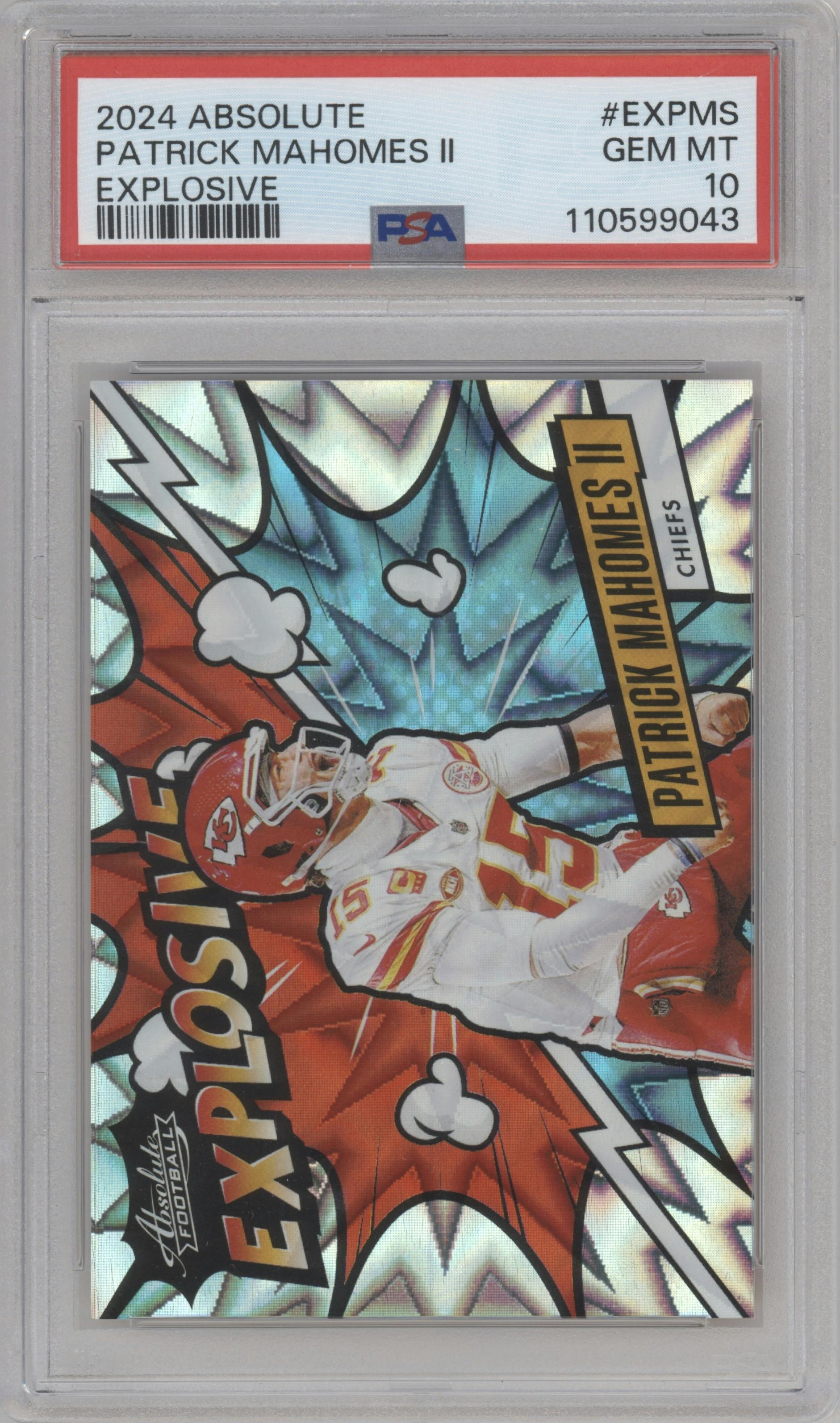 Patrick Mahomes II from the 2024 Panini Absolute set graded by PSA and given an overall grade of 10.