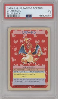Charizard from the 1995 Pokemon Topsun JPN set featuring a Blue Back parallel graded by PSA and given an overall grade of 3.