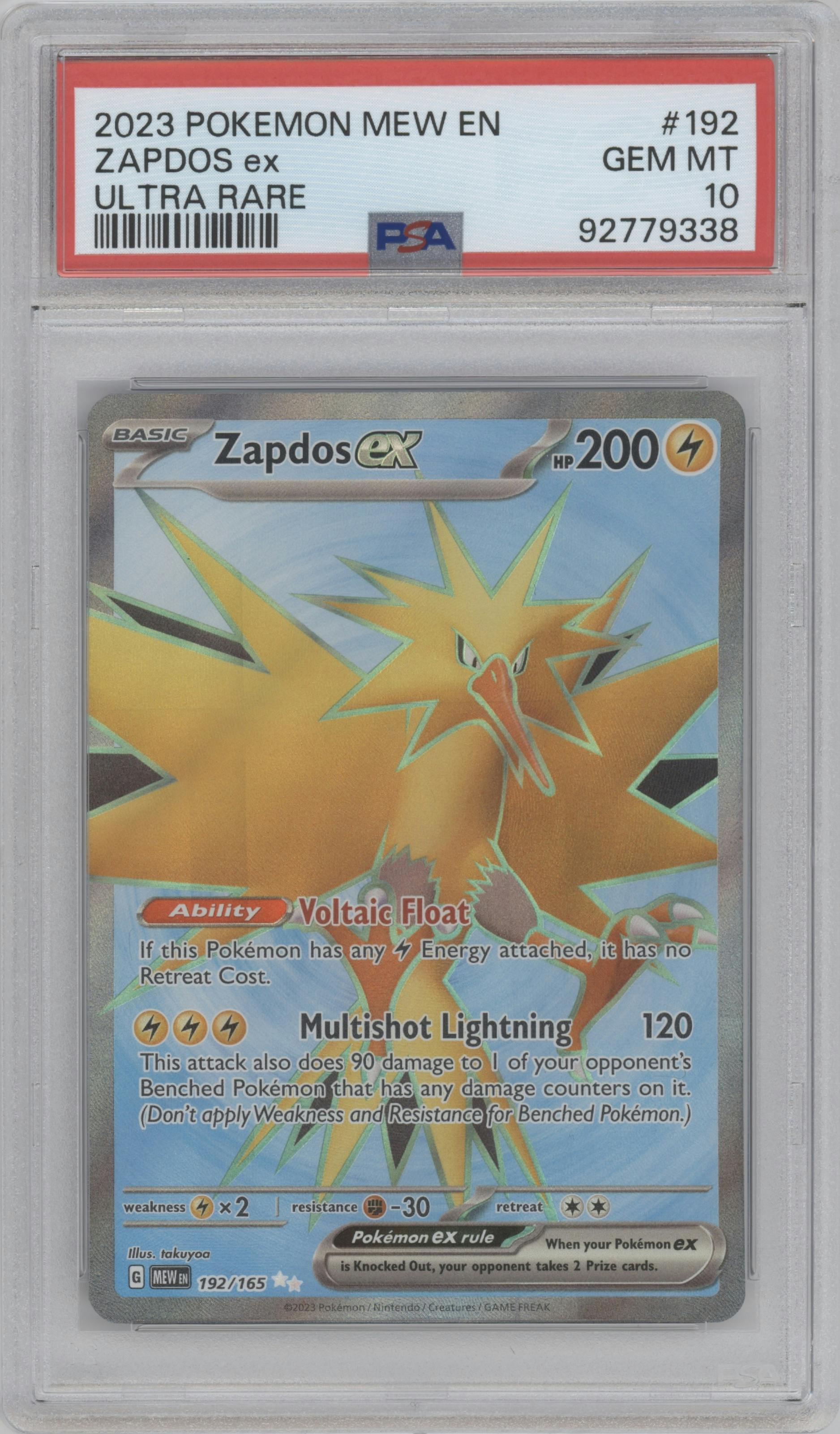 Zapdos EX from the 2023 Pokemon SV set graded by PSA and given an overall grade of 10.