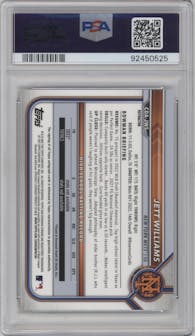 Jett Williams  from the 2022 Bowman Draft set featuring a Refractor parallel graded by PSA and given an overall grade of 9.