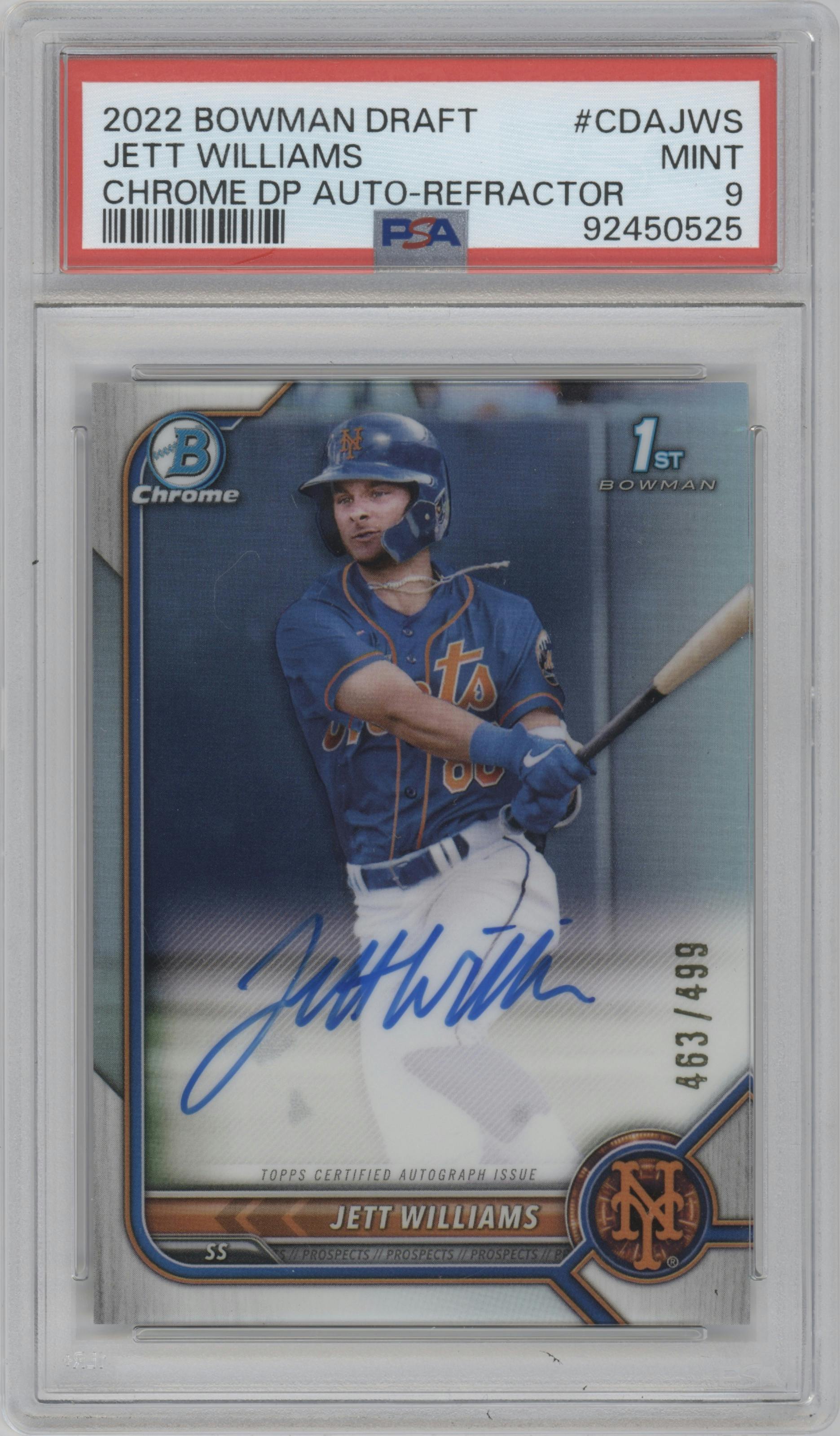 Jett Williams  from the 2022 Bowman Draft set featuring a Refractor parallel graded by PSA and given an overall grade of 9.