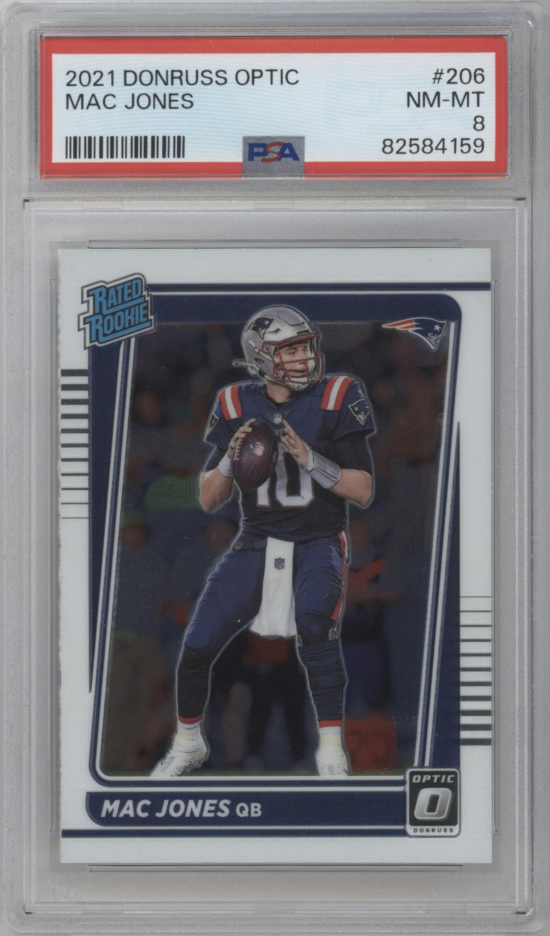 Mac Jones  from the 2021 Panini Donruss Optic set graded by PSA and given an overall grade of 8.