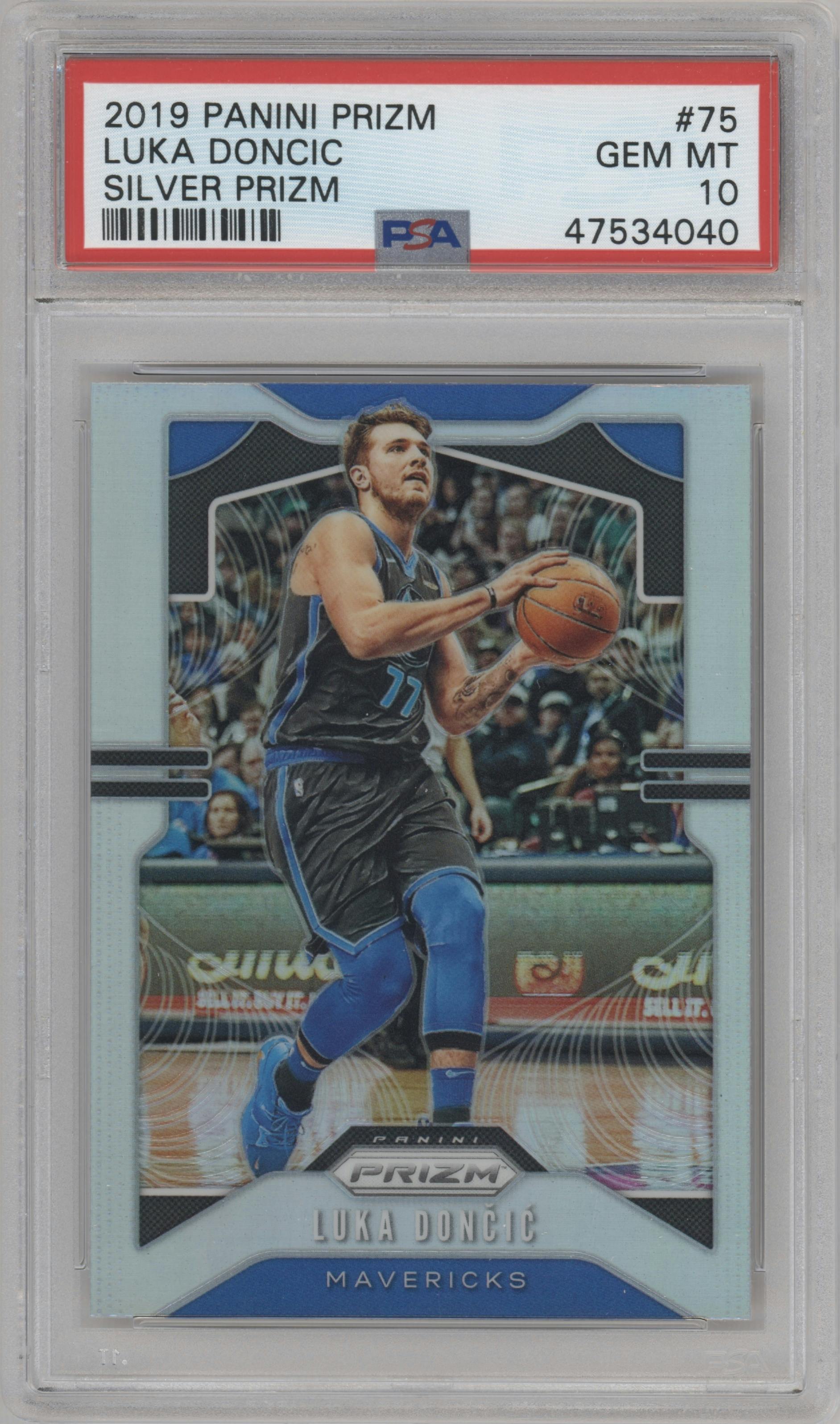 Luka Doncic from the 2019-20 Panini Prizm set featuring a Silver Prizm parallel graded by PSA and given an overall grade of 10.