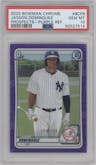 Jasson Dominguez from the 2020 Bowman set featuring a Purple Refractor parallel graded by PSA and given an overall grade of 10.