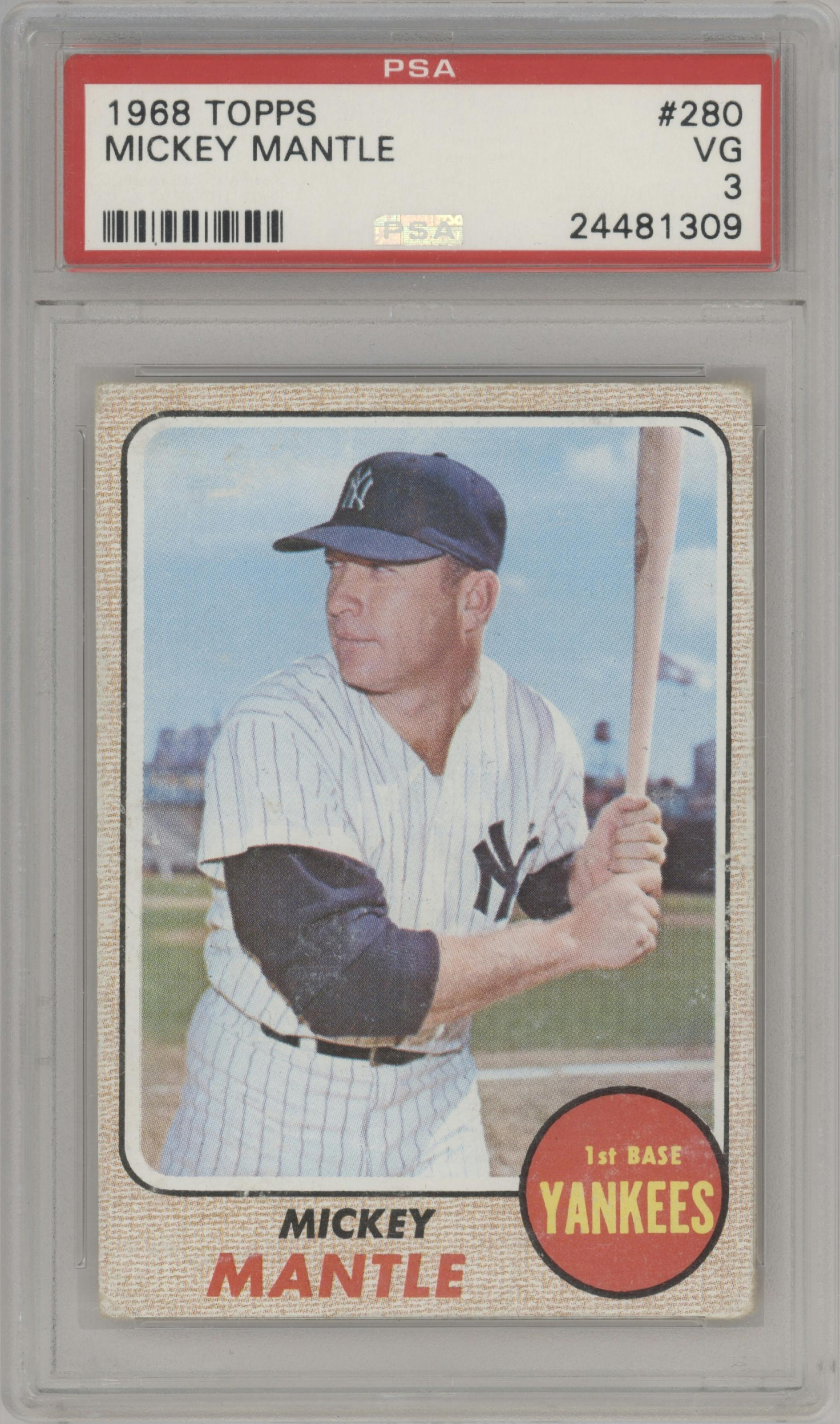 Mickey Mantle  from the 1968 Topps set graded by PSA and given an overall grade of 3.