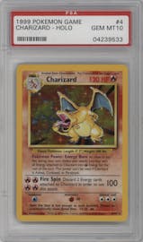 Charizard from the 1999 Pokemon set graded by PSA and given an overall grade of 10.