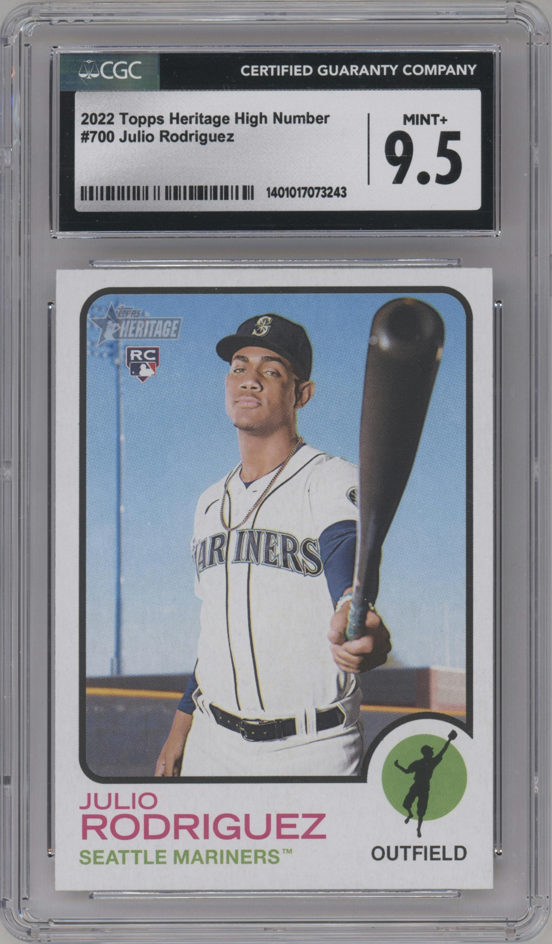 Julio Rodriguez from the 2022 Topps Heritage High Number set graded by CSG and given an overall grade of 9.5.