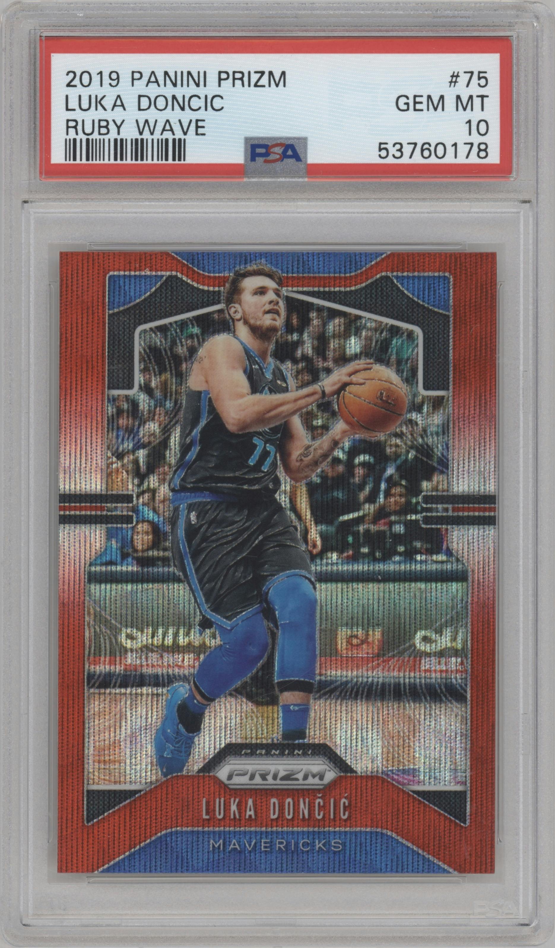 Luka Doncic from the 2019-20 Panini Prizm set featuring a Ruby Wave parallel graded by PSA and given an overall grade of 10.
