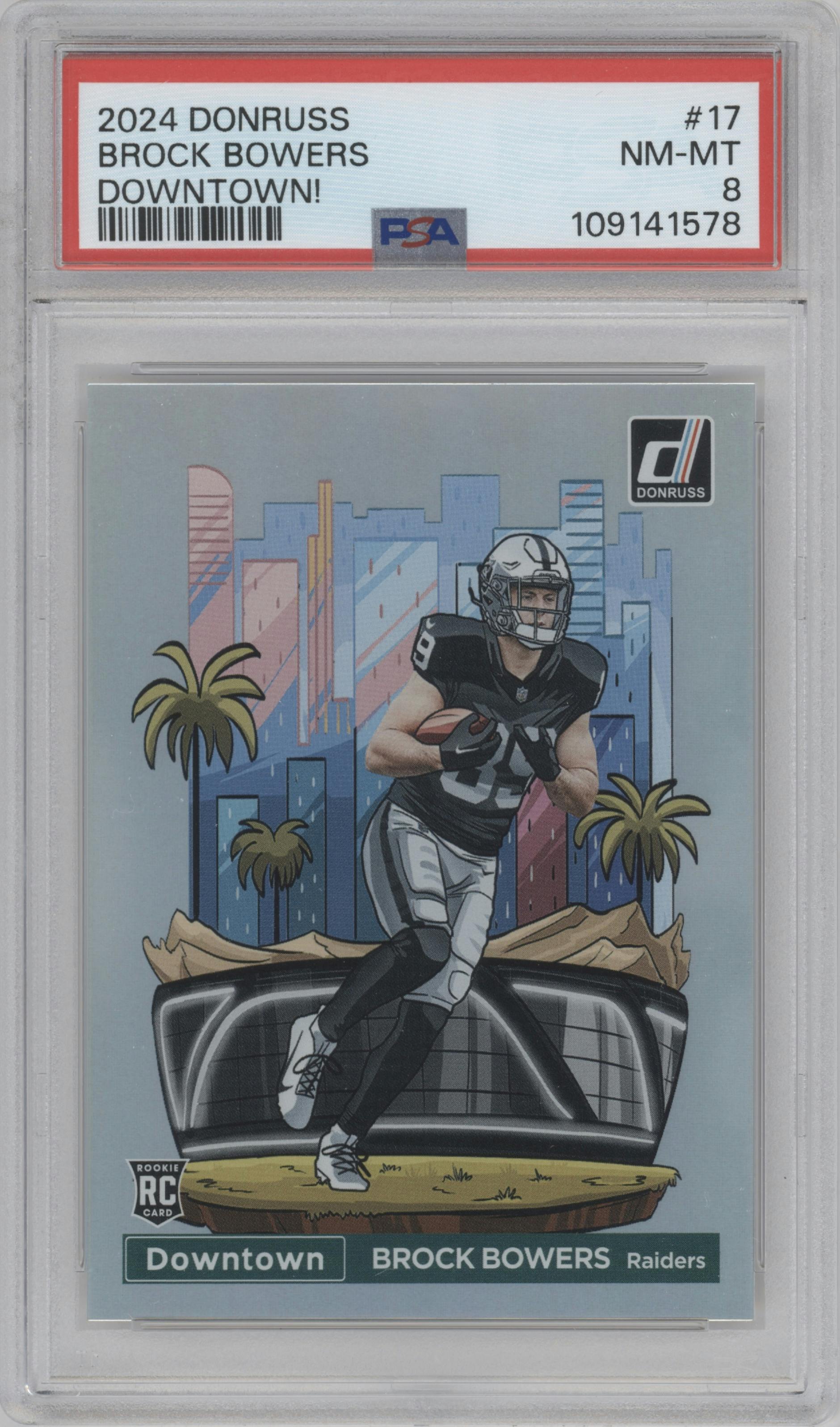 Brock Bowers from the 2024 Donruss set graded by PSA and given an overall grade of 8.