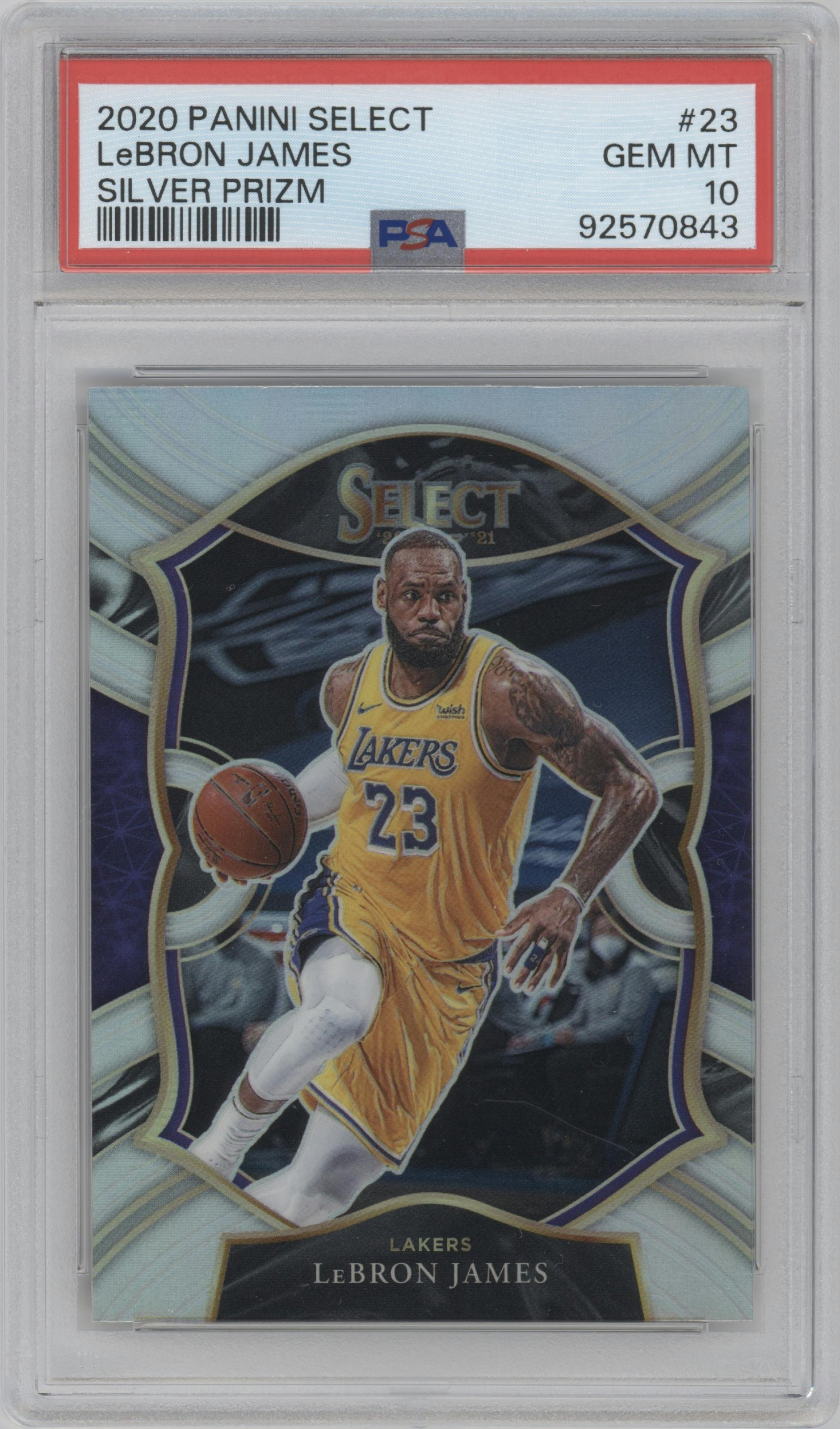 LeBron James from the 2020-21 Panini Select  set featuring a Silver Prizm parallel graded by PSA and given an overall grade of 10.