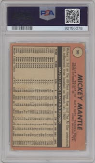 Mickey Mantle from the 1969 Topps set featuring a Last Name in Yellow parallel graded by PSA and given an overall grade of 2.