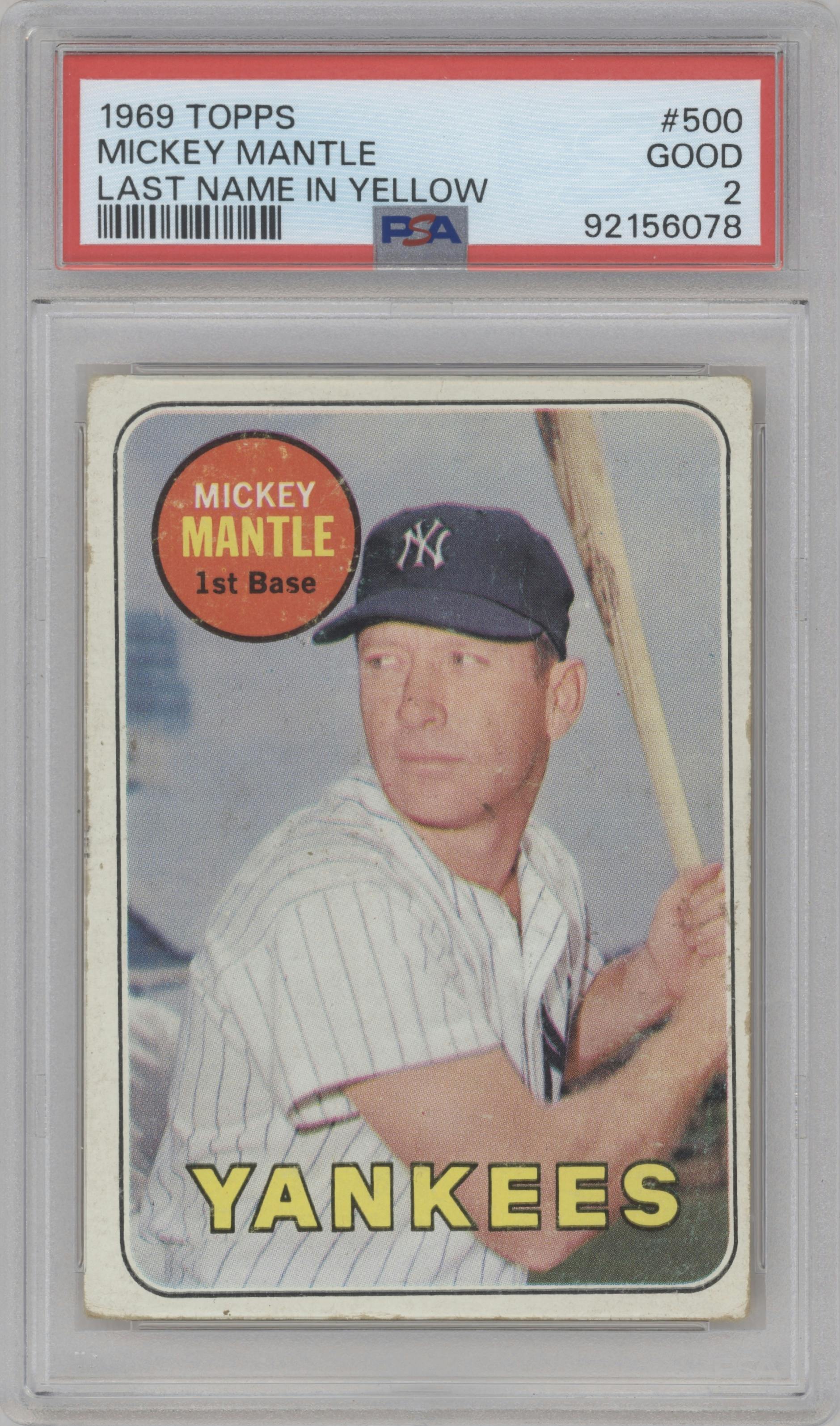 Mickey Mantle from the 1969 Topps set featuring a Last Name in Yellow parallel graded by PSA and given an overall grade of 2.