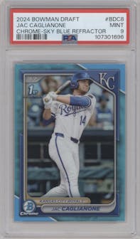 Jac Caglianone from the 2024 Bowman Draft set featuring a Sky Blue Refractor parallel graded by PSA and given an overall grade of 9.