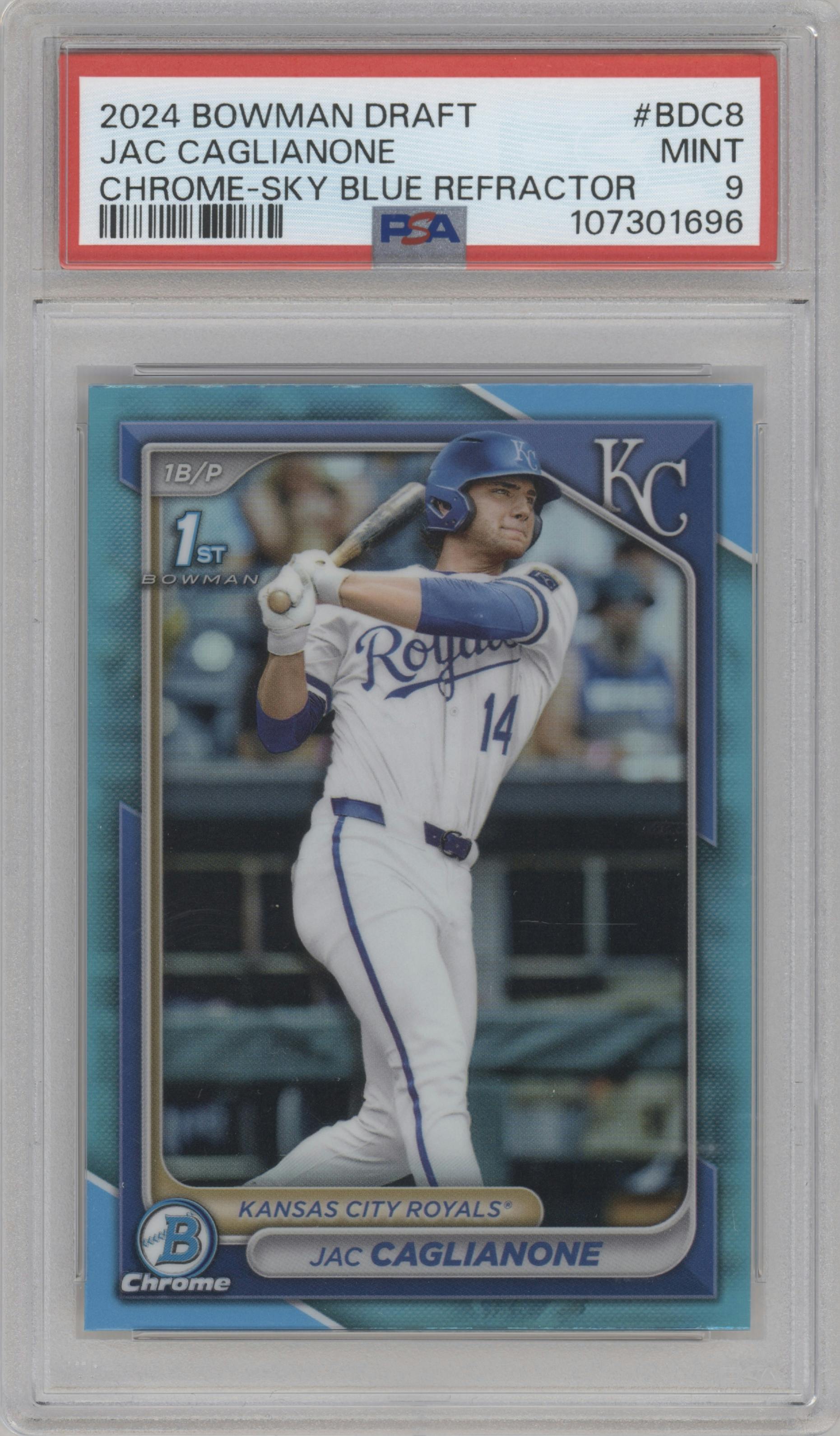 Jac Caglianone from the 2024 Bowman Draft set featuring a Sky Blue Refractor parallel graded by PSA and given an overall grade of 9.