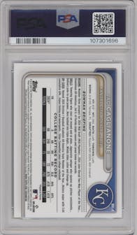 Jac Caglianone from the 2024 Bowman Draft set featuring a Sky Blue Refractor parallel graded by PSA and given an overall grade of 9.
