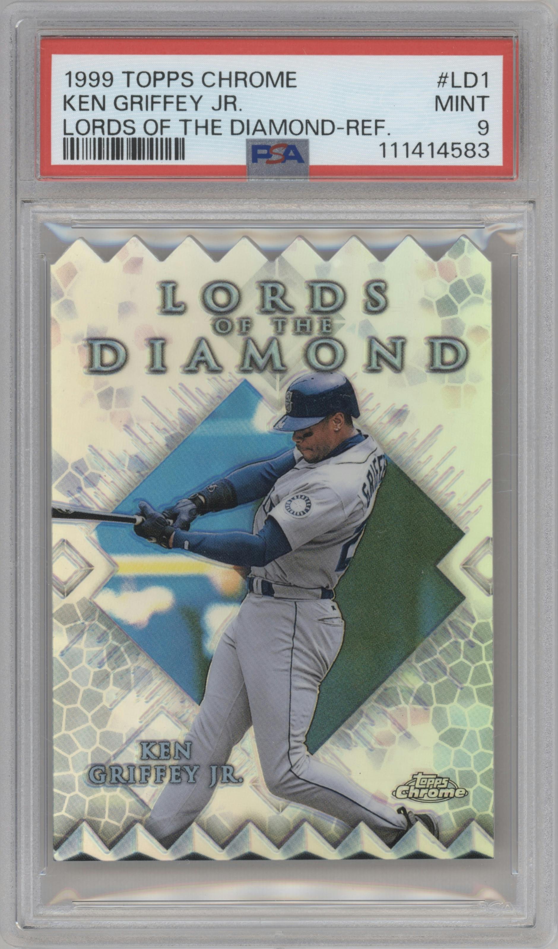 Ken Griffey Jr. from the 1999 Topps Chrome set featuring a Refractor parallel graded by PSA and given an overall grade of 9.