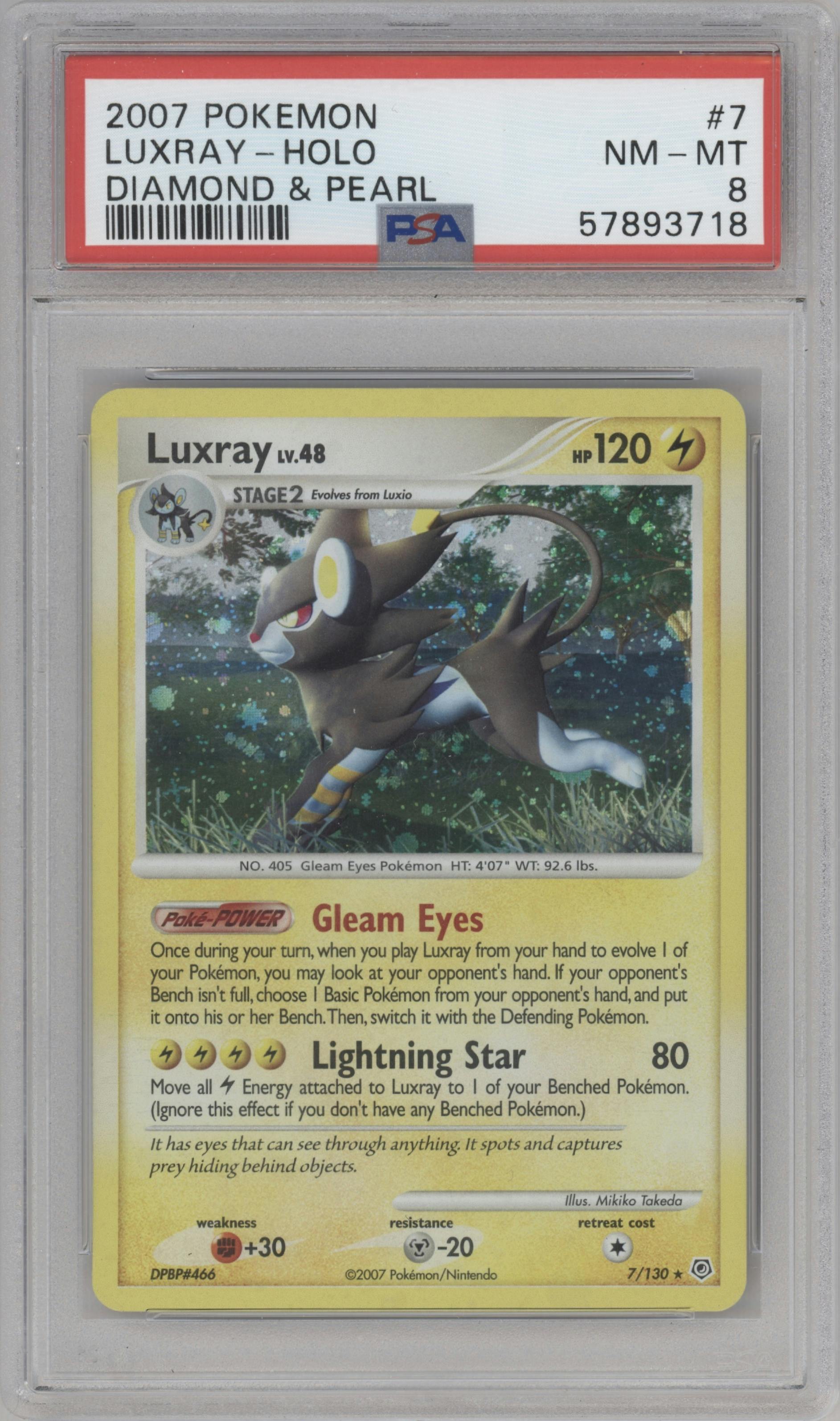 Luxray from the 2007 Pokemon D&P set graded by PSA and given an overall grade of 8.