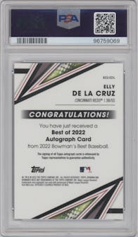 Elly De La Cruz from the 2022 Bowman’s Best   set featuring a Blue Refractor parallel graded by PSA and given an overall grade of 10.