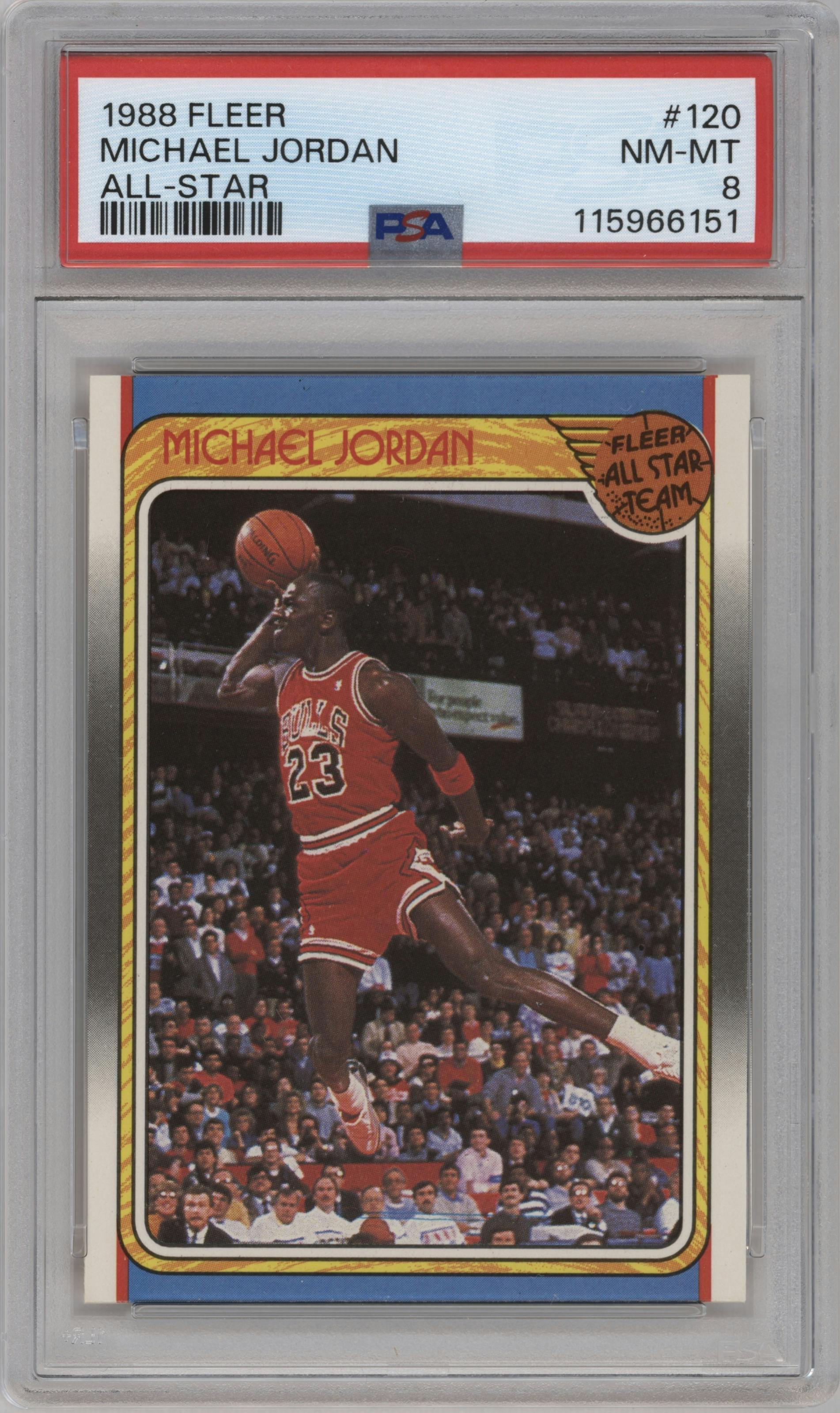 Michael Jordan from the 1988-89 Fleer set graded by PSA and given an overall grade of 8.