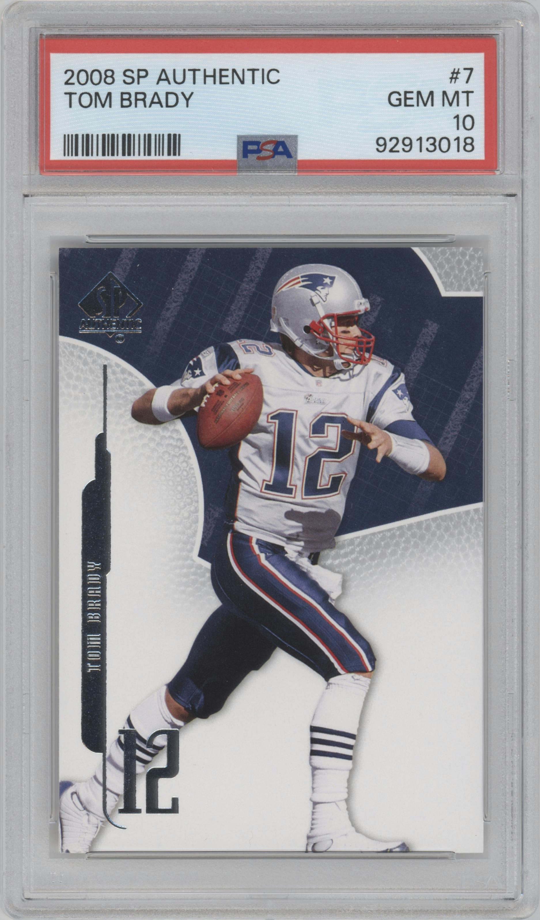 Tom Brady from the 2008 SP Authentic set graded by PSA and given an overall grade of 10.