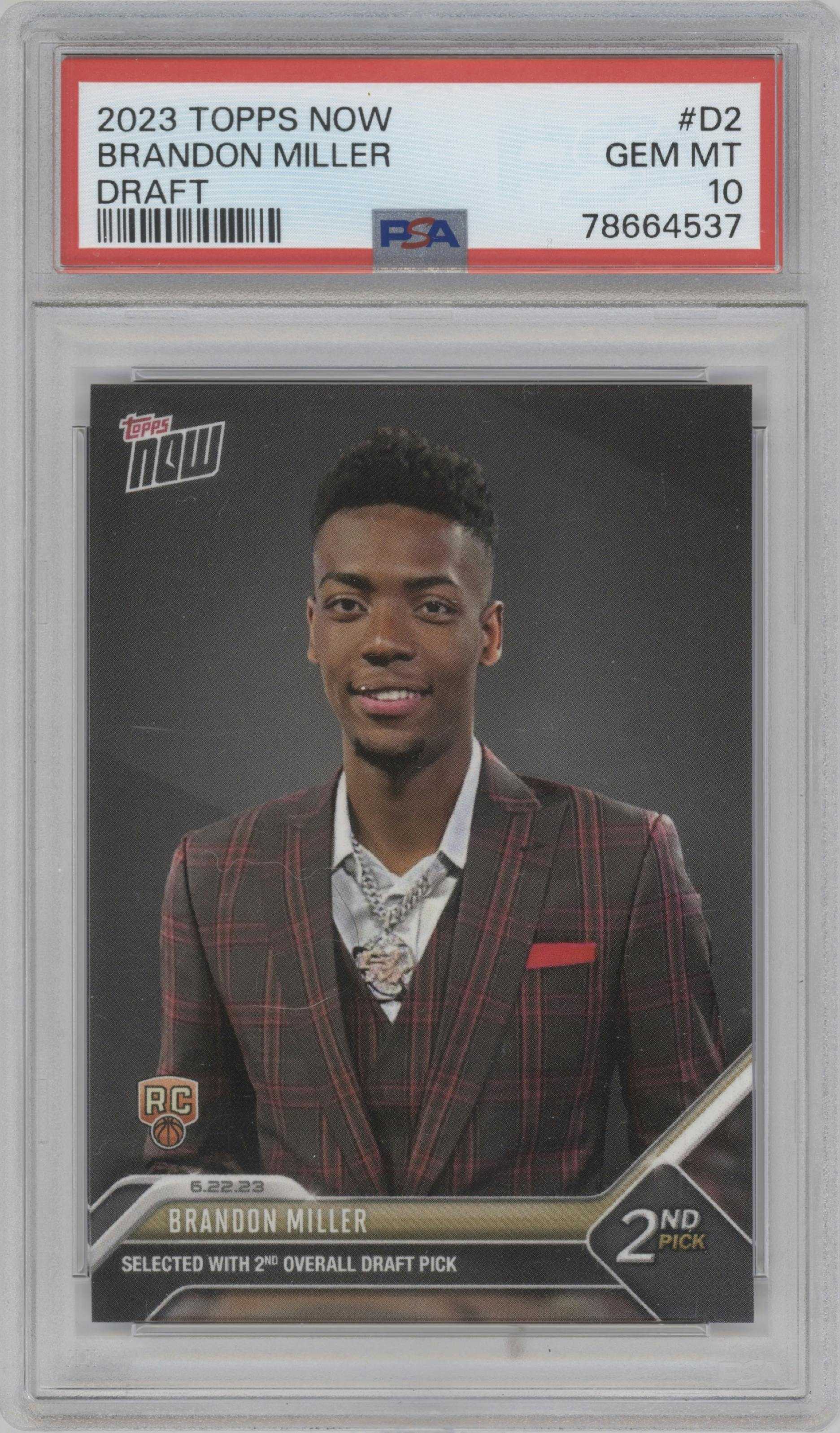 Brandon Miller from the 2023 Topps Now
 set graded by PSA and given an overall grade of 10.