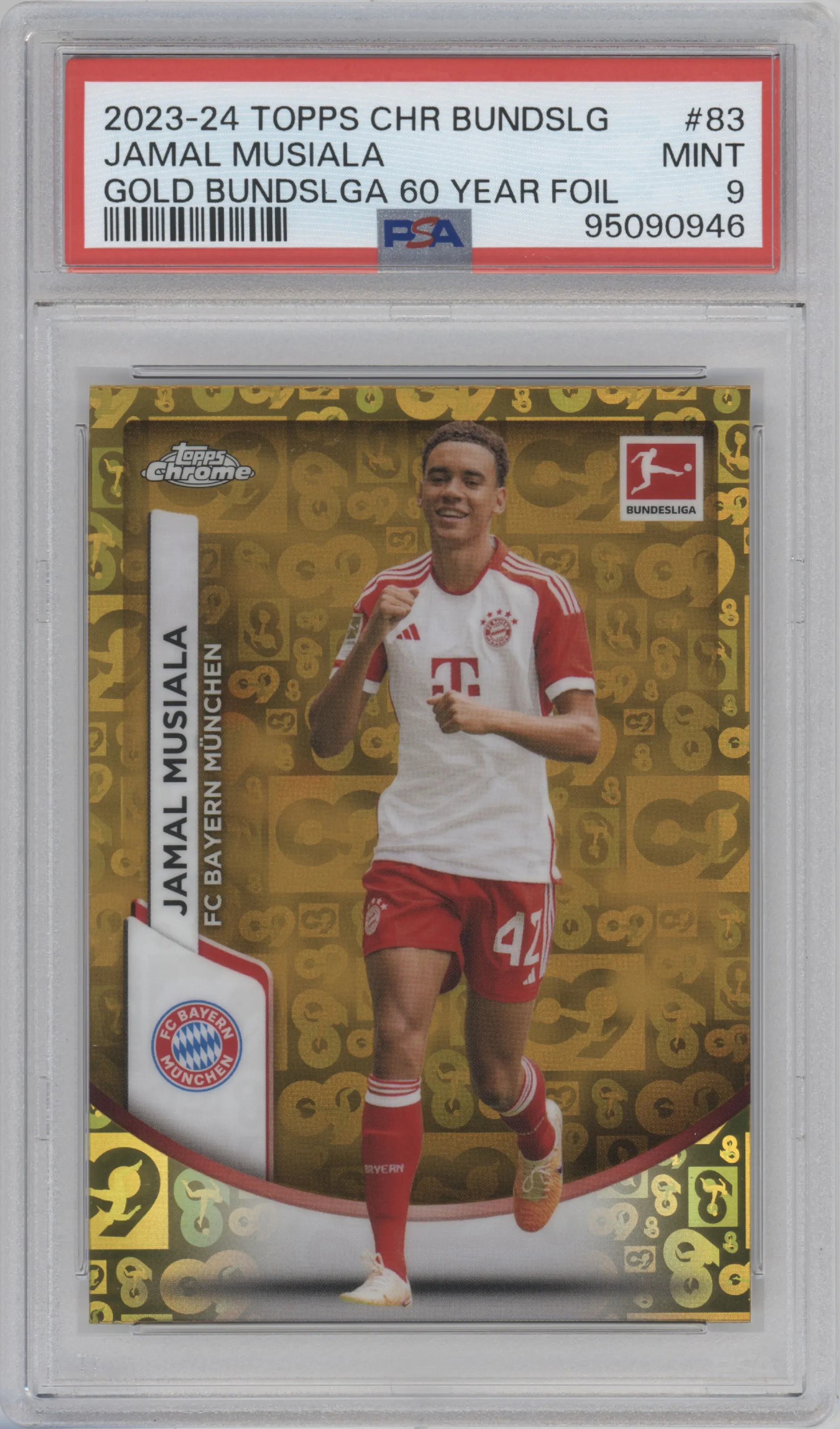 2023 Topps Chrome Bundesliga Jamal Musiala Gold Bundesliga 60 Year Foil #83 PSA 9