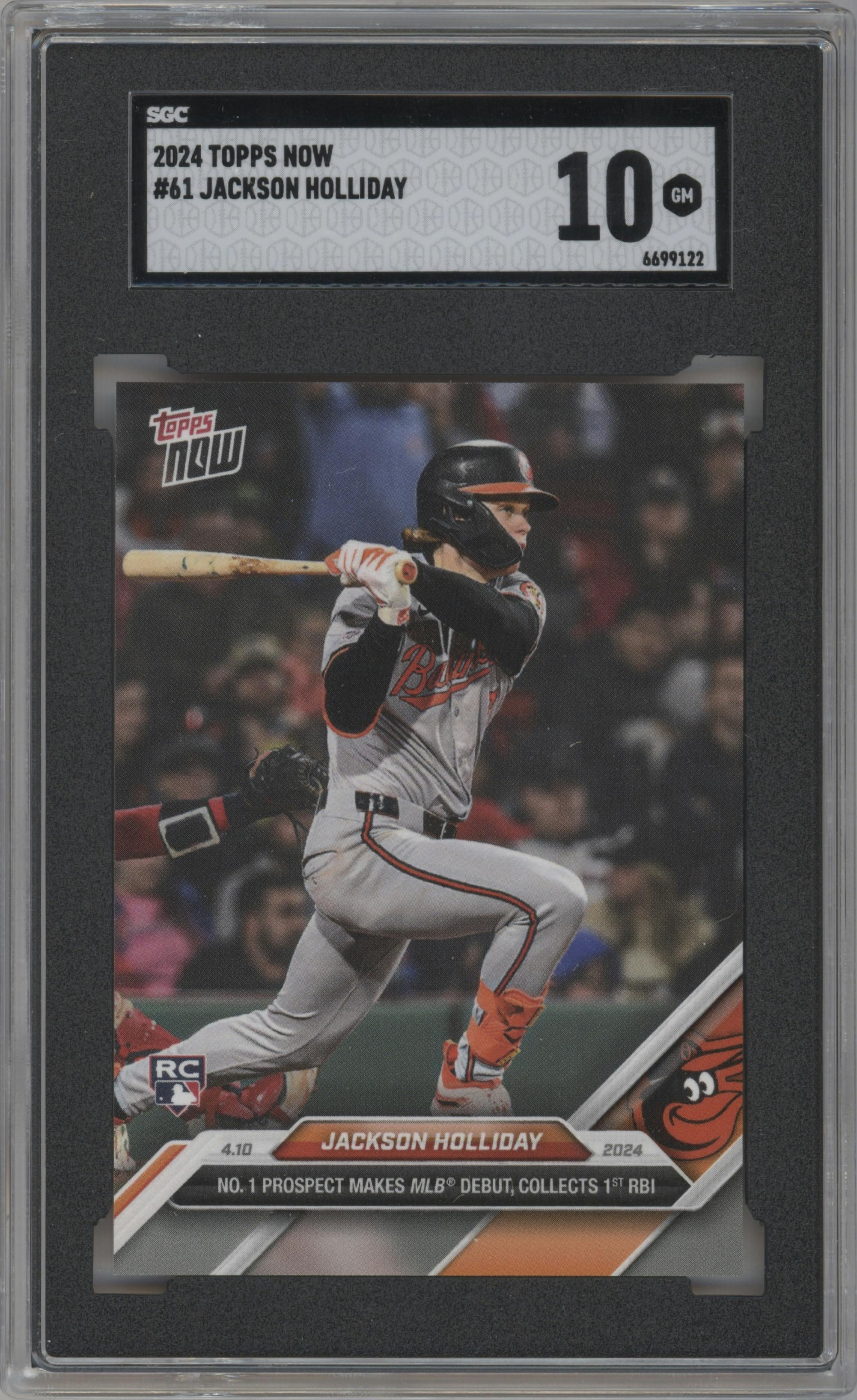 Jackson Holliday from the 2024 Topps Now set graded by SGC and given an overall grade of 10.