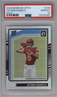 Jayden Daniels from the 2024 Donruss Optic set featuring a Holo parallel graded by PSA and given an overall grade of 10.