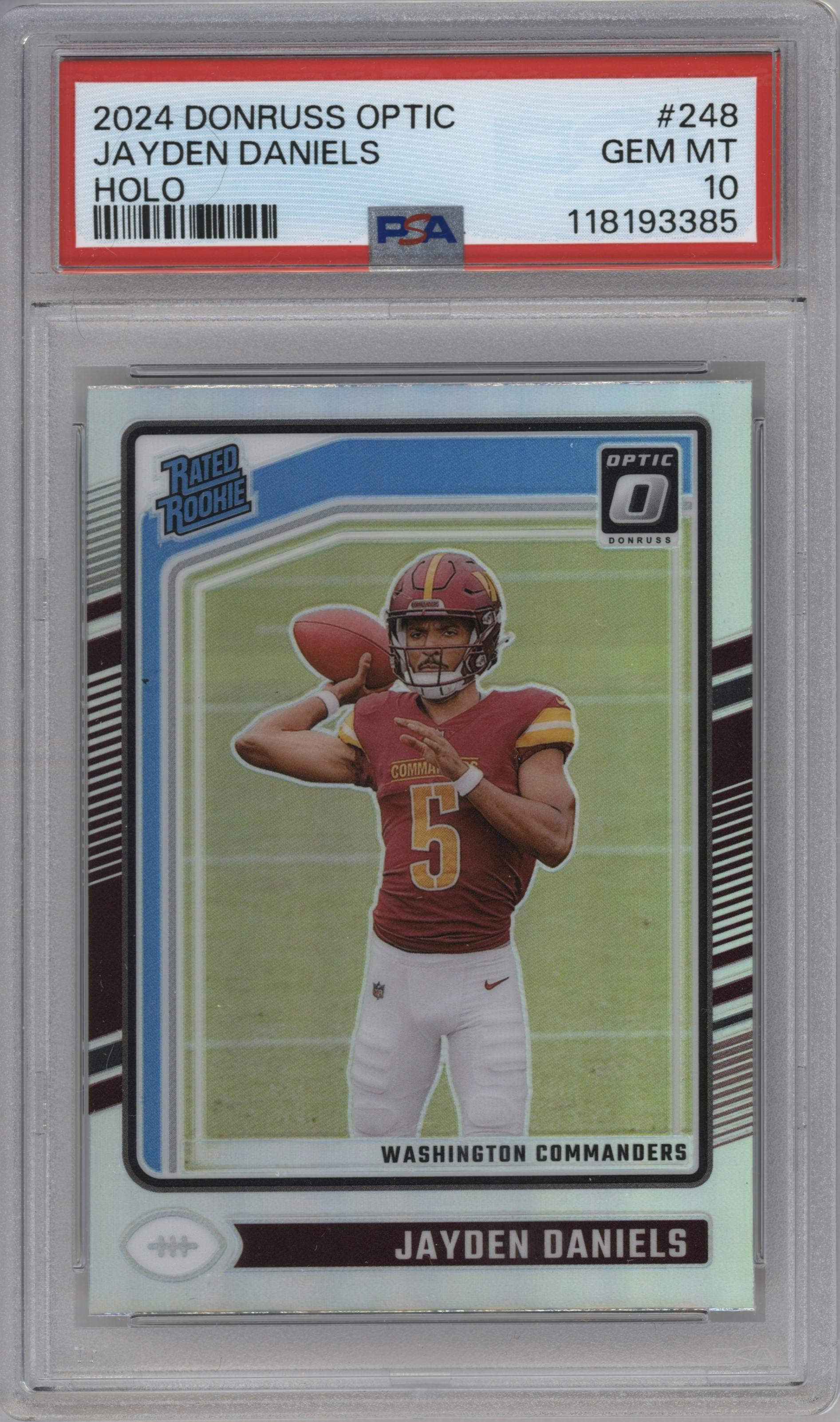 Jayden Daniels from the 2024 Donruss Optic set featuring a Holo parallel graded by PSA and given an overall grade of 10.