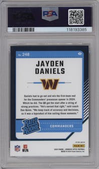 Jayden Daniels from the 2024 Donruss Optic set featuring a Holo parallel graded by PSA and given an overall grade of 10.