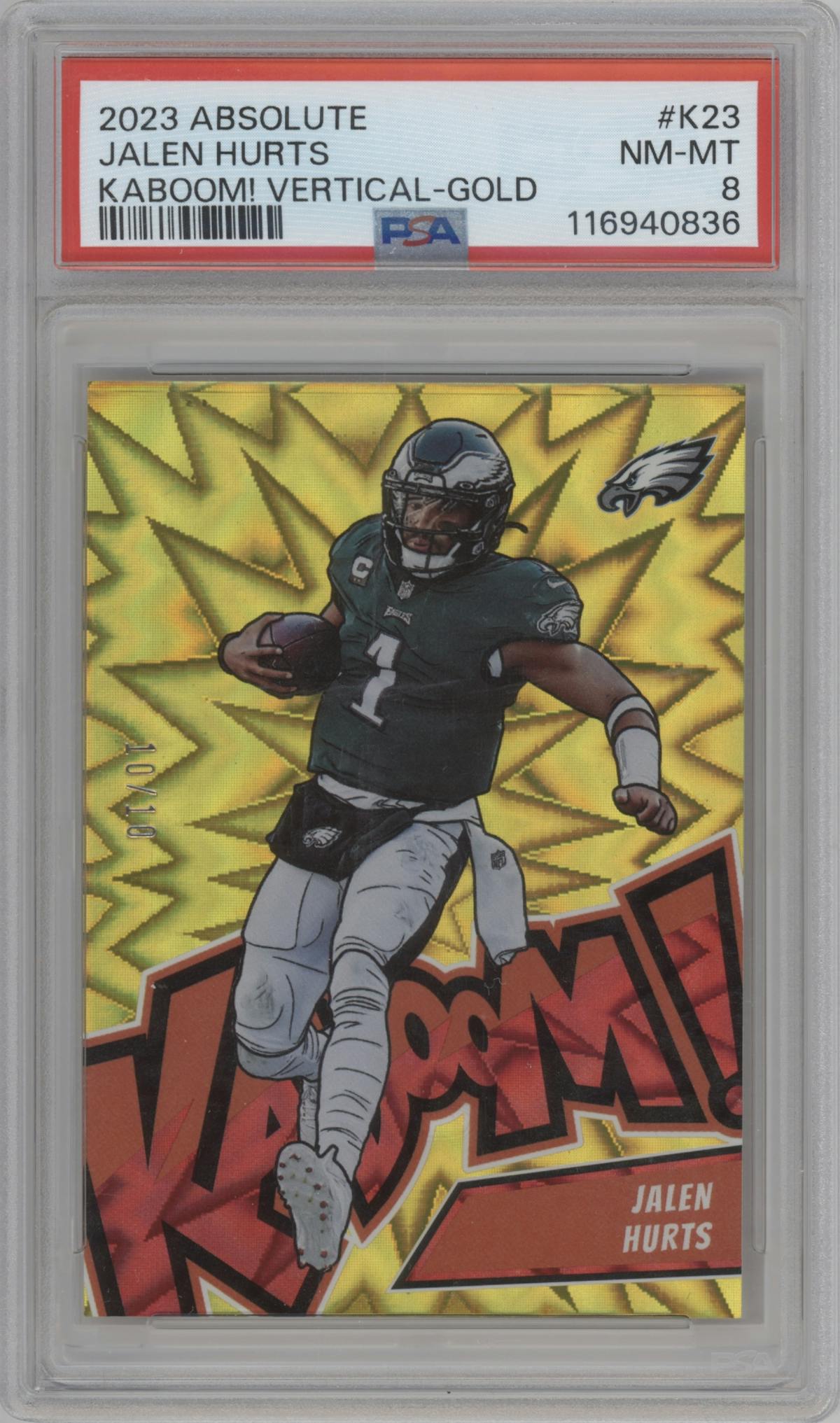 Jalen Hurts from the 2023 Panini Absolute set featuring a Gold parallel graded by PSA and given an overall grade of 8.