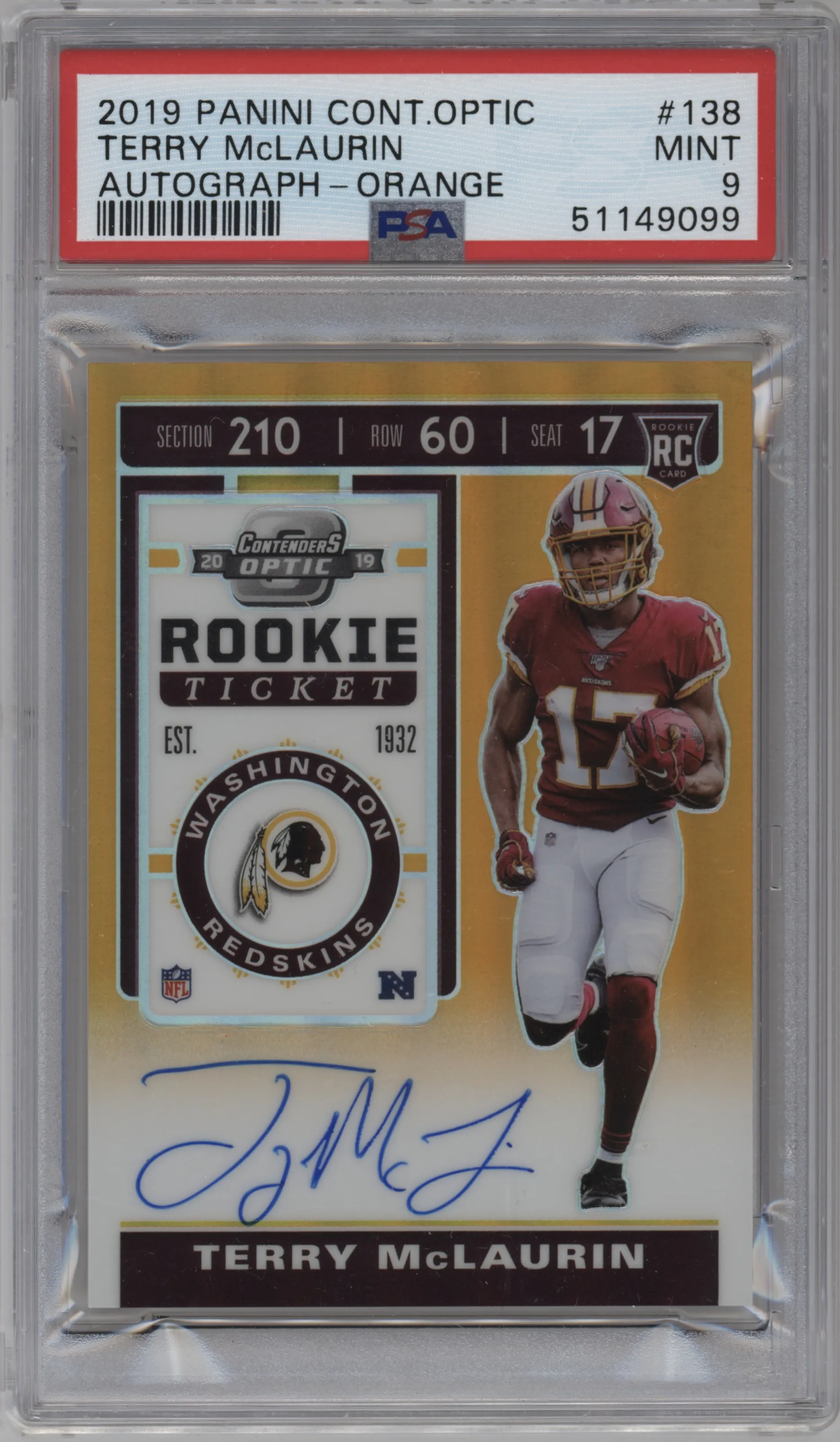 2019 Panini Contenders Optic Rke.Tkt RPS Auto Terry McLaurin Orange #138 PSA 9